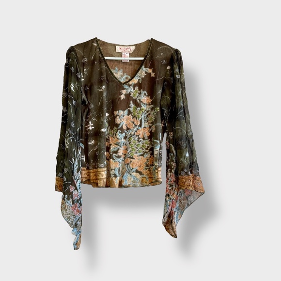 90s Y2K Rene Derhy Top Olive Green Floral Sequin Sheer Velvet Trim Hippie Boho - Picture 2 of 12